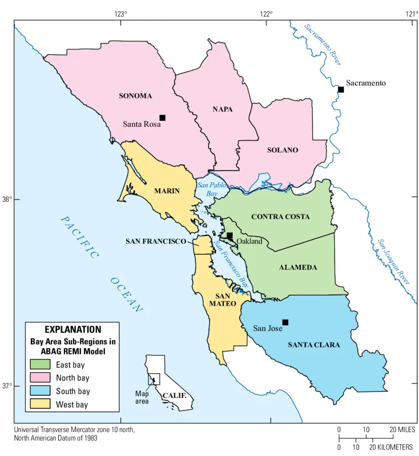Map showing the four subregions in the Association of Bay Area Governments